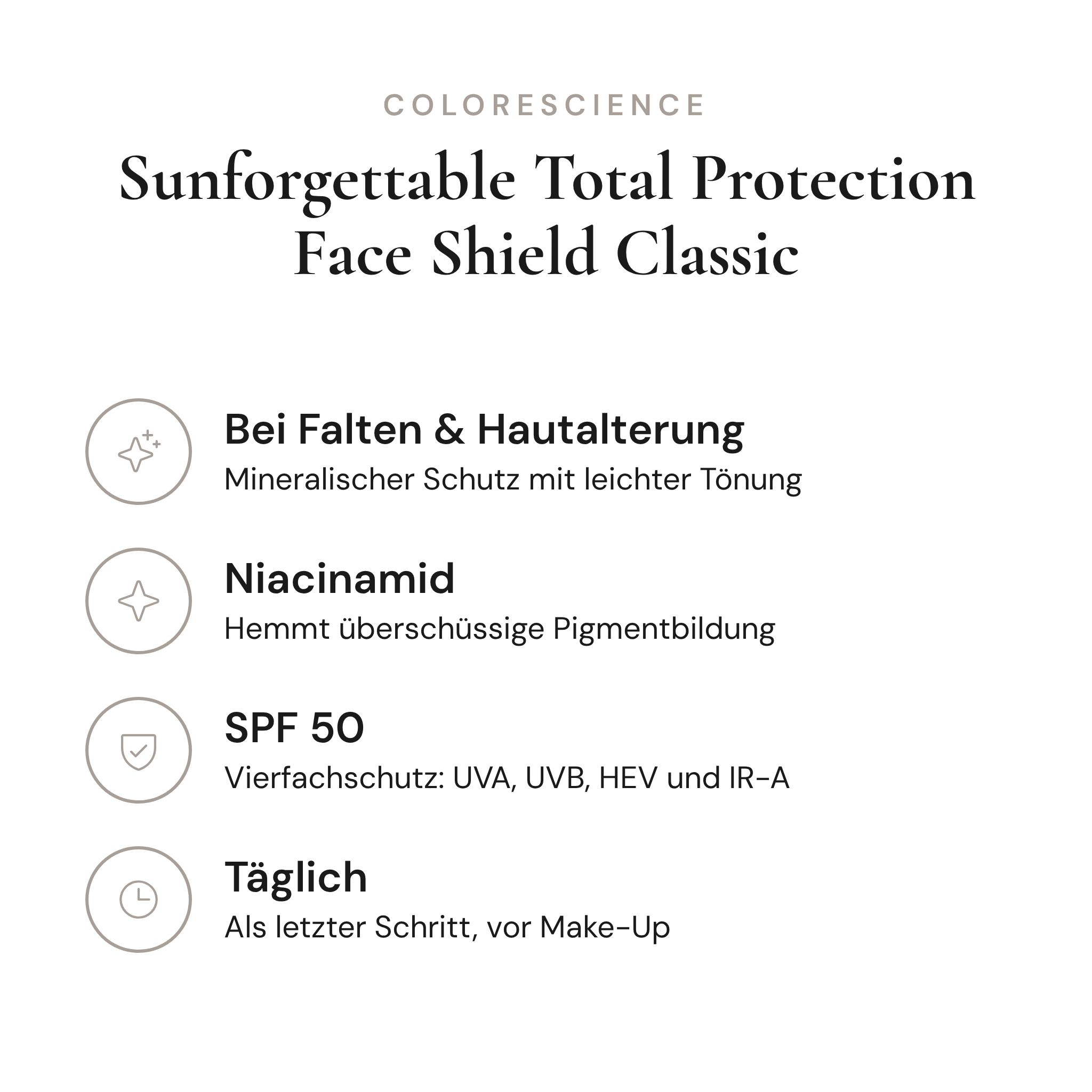 Sunforgettable Total Protection Face Shield Classic SPF 50 - Infografik mit Wirkstoffen und Anwendung | Colorescience