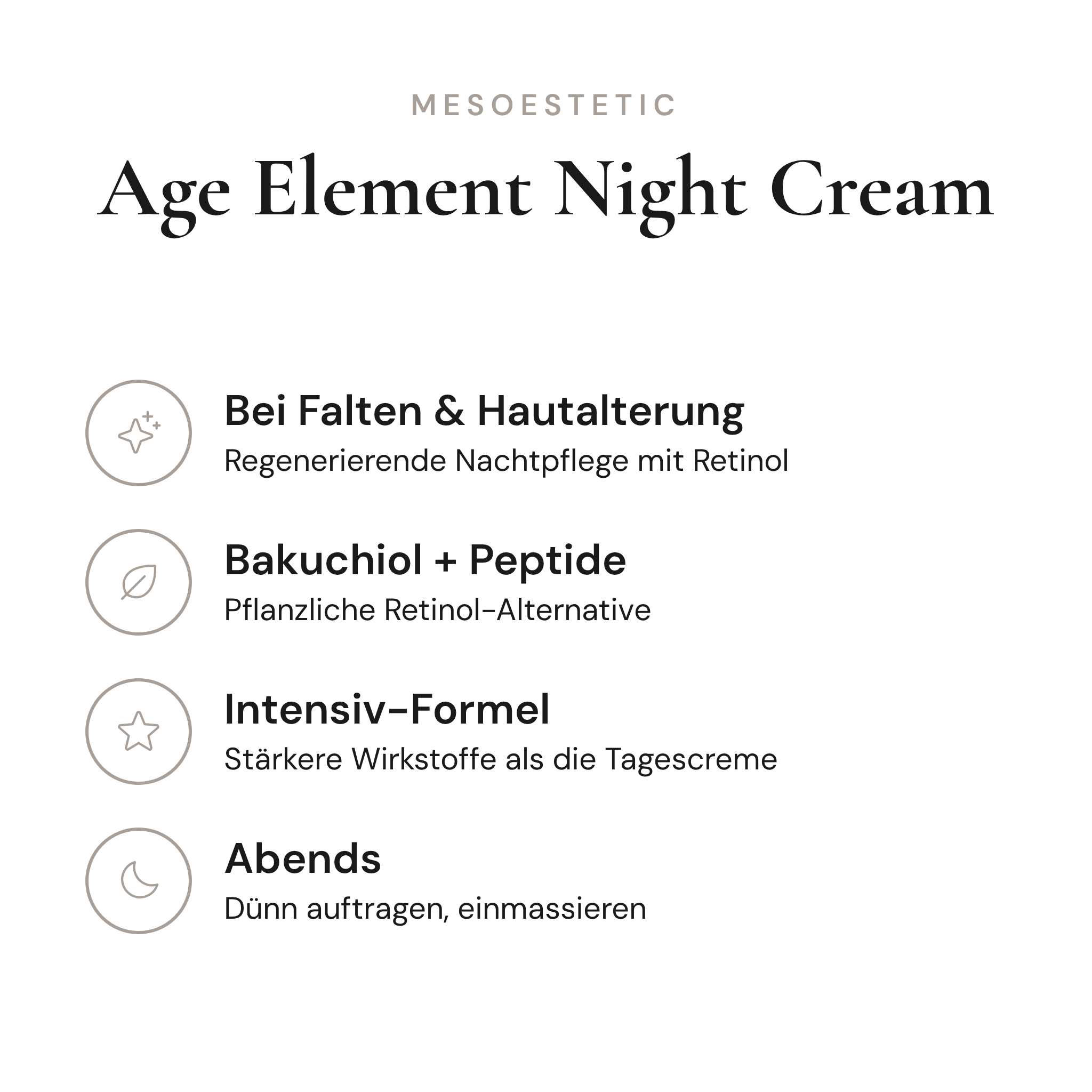 Age Element Night Cream - Infografik mit Wirkstoffen und Anwendung | mesoestetic