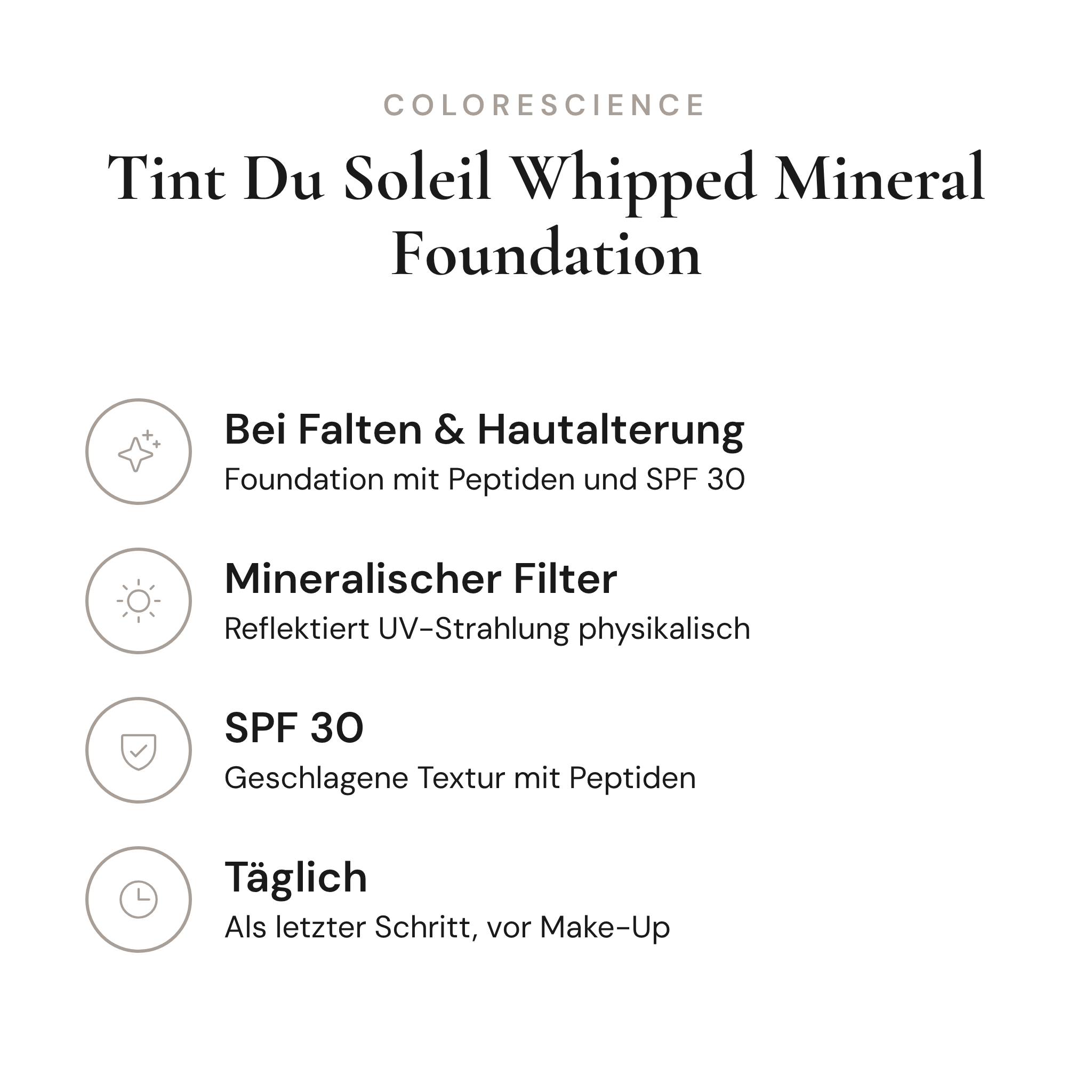 Tint Du Soleil Whipped Mineral Foundation SPF 30 - Infografik mit Wirkstoffen und Anwendung | Colorescience