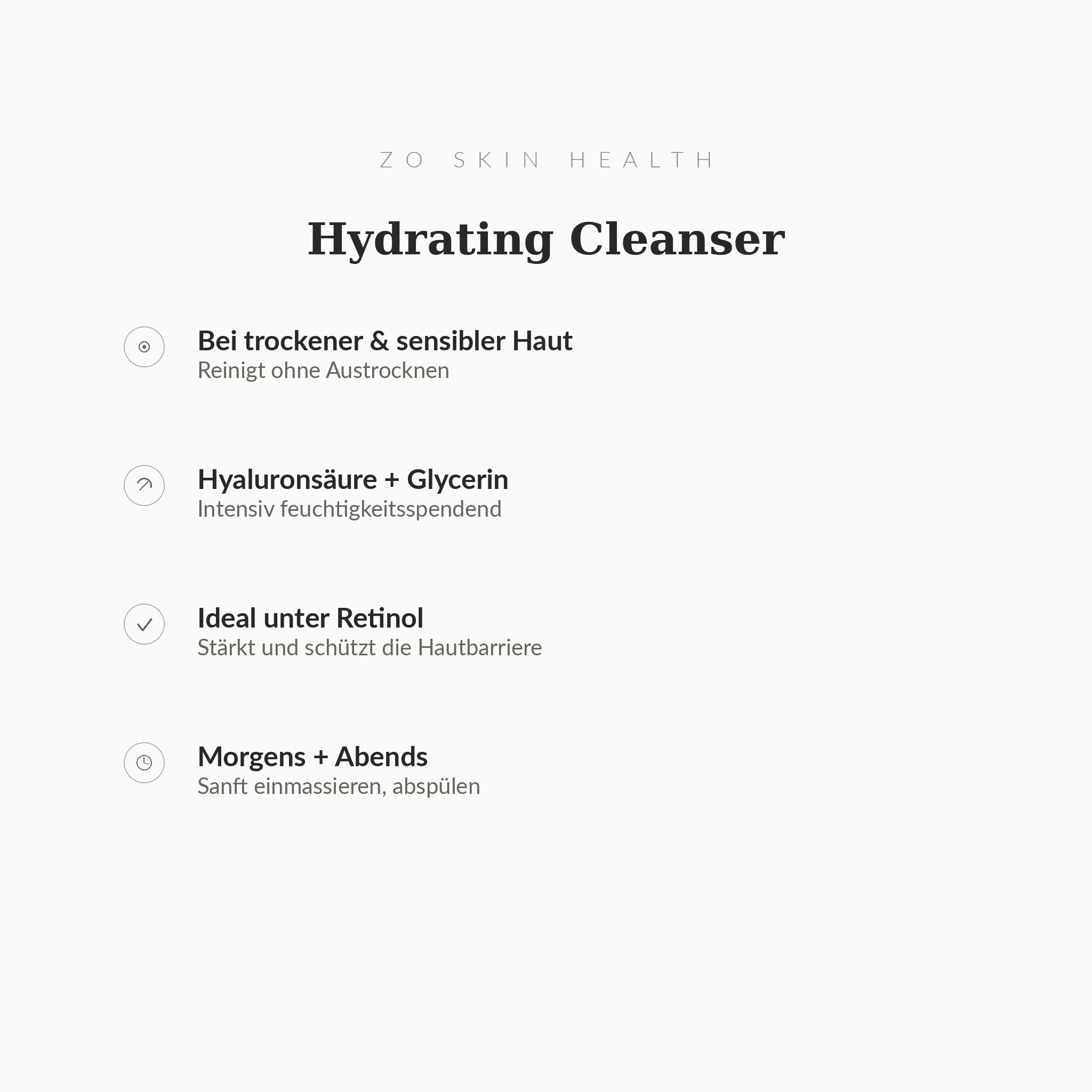 Hydrating Cleanser - Infografik mit Wirkstoffen und Anwendung | ZO Skin Health
