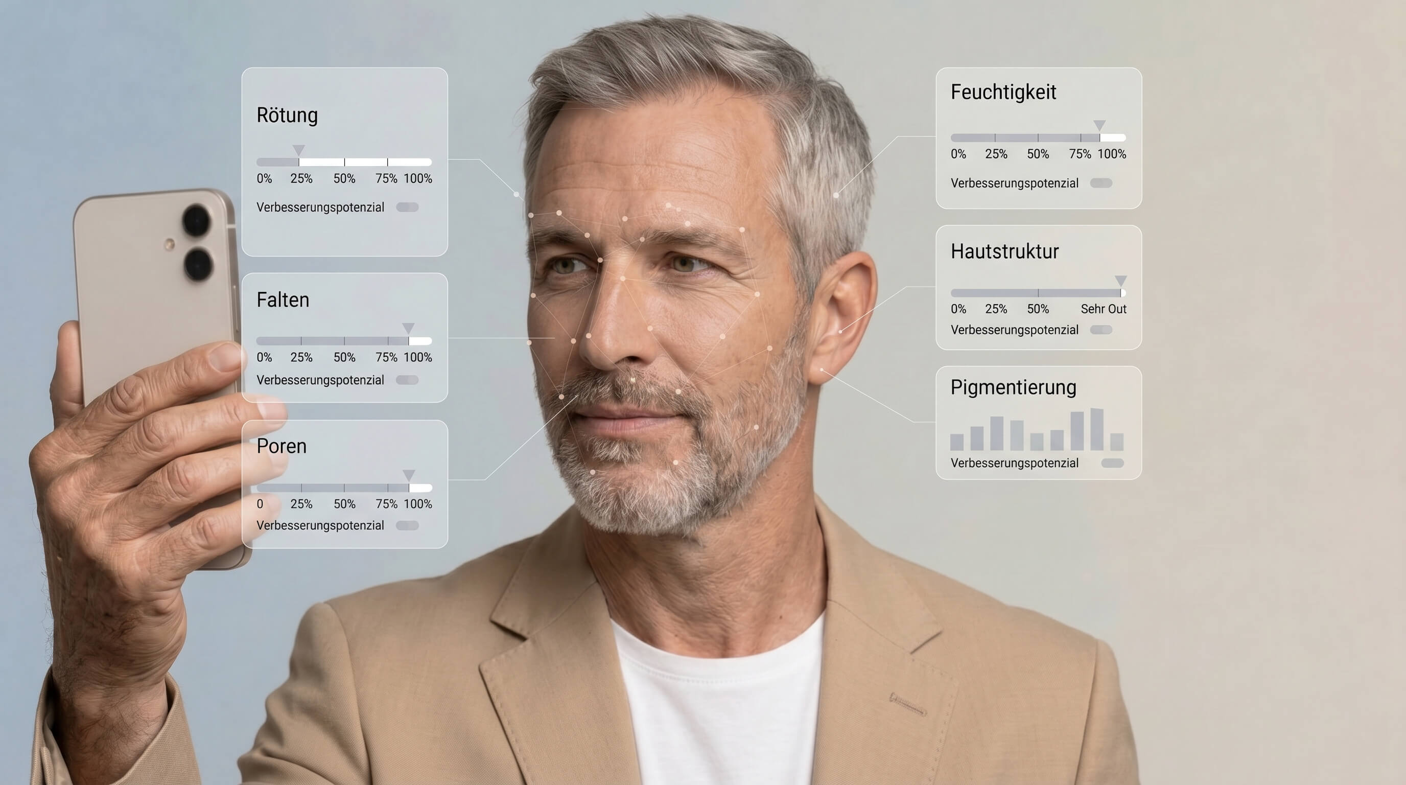 Mann während einer KI-gestützten Hautanalyse