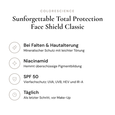 Sunforgettable Total Protection Face Shield Classic SPF 50 - Infografik mit Wirkstoffen und Anwendung | Colorescience
