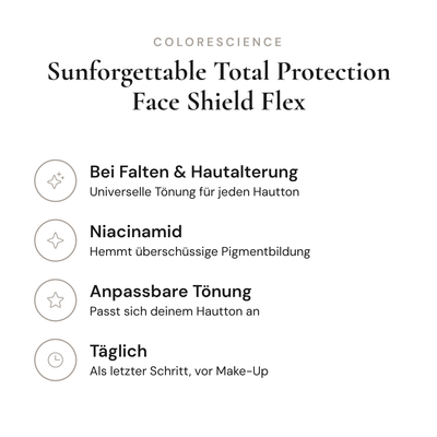 Sunforgettable Total Protection Face Shield Flex - Infografik mit Wirkstoffen und Anwendung | Colorescience
