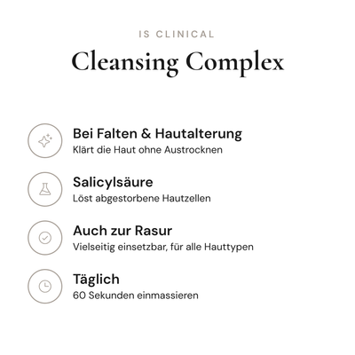 Cleansing Complex - Infografik mit Wirkstoffen und Anwendung | iS Clinical