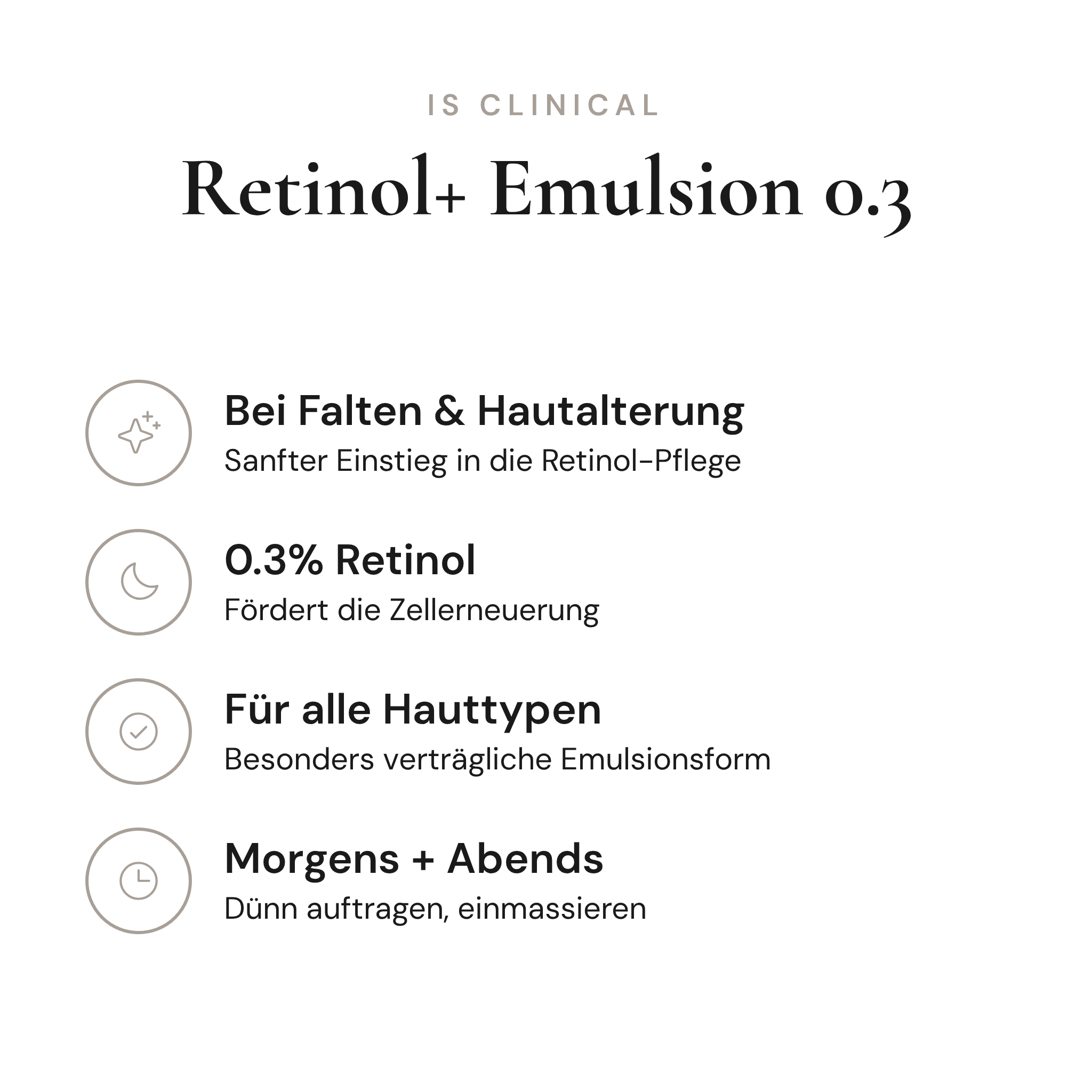 Retinol+ Emulsion 0.3 - Infografik mit Wirkstoffen und Anwendung | iS Clinical
