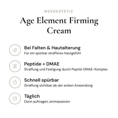Age Element Firming Cream - Infografik mit Wirkstoffen und Anwendung | mesoestetic