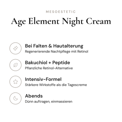 Age Element Night Cream - Infografik mit Wirkstoffen und Anwendung | mesoestetic