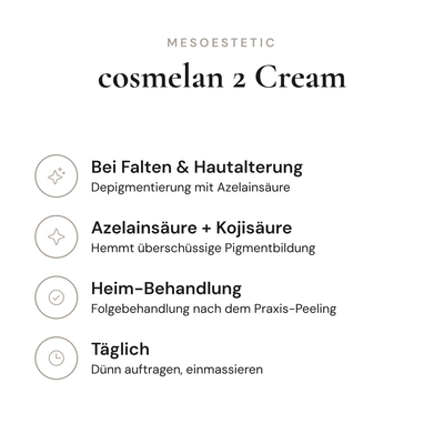 cosmelan 2 Cream - Infografik mit Wirkstoffen und Anwendung | mesoestetic