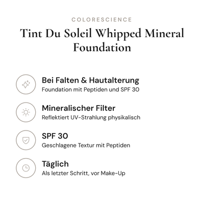 Tint Du Soleil Whipped Mineral Foundation SPF 30 - Infografik mit Wirkstoffen und Anwendung | Colorescience