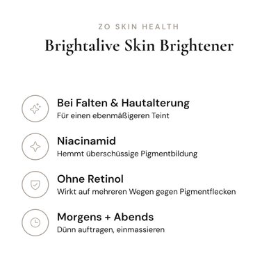 Brightalive Skin Brightener - Infografik mit Wirkstoffen und Anwendung | ZO Skin Health