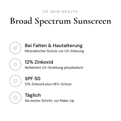 Broad Spectrum Sunscreen SPF 50 - Infografik mit Wirkstoffen und Anwendung | ZO Skin Health