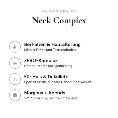Neck Complex - Infografik mit Wirkstoffen und Anwendung | ZO Skin Health