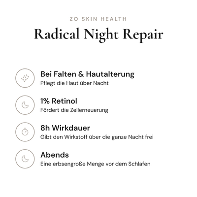 Radical Night Repair - Infografik mit Wirkstoffen und Anwendung | ZO Skin Health