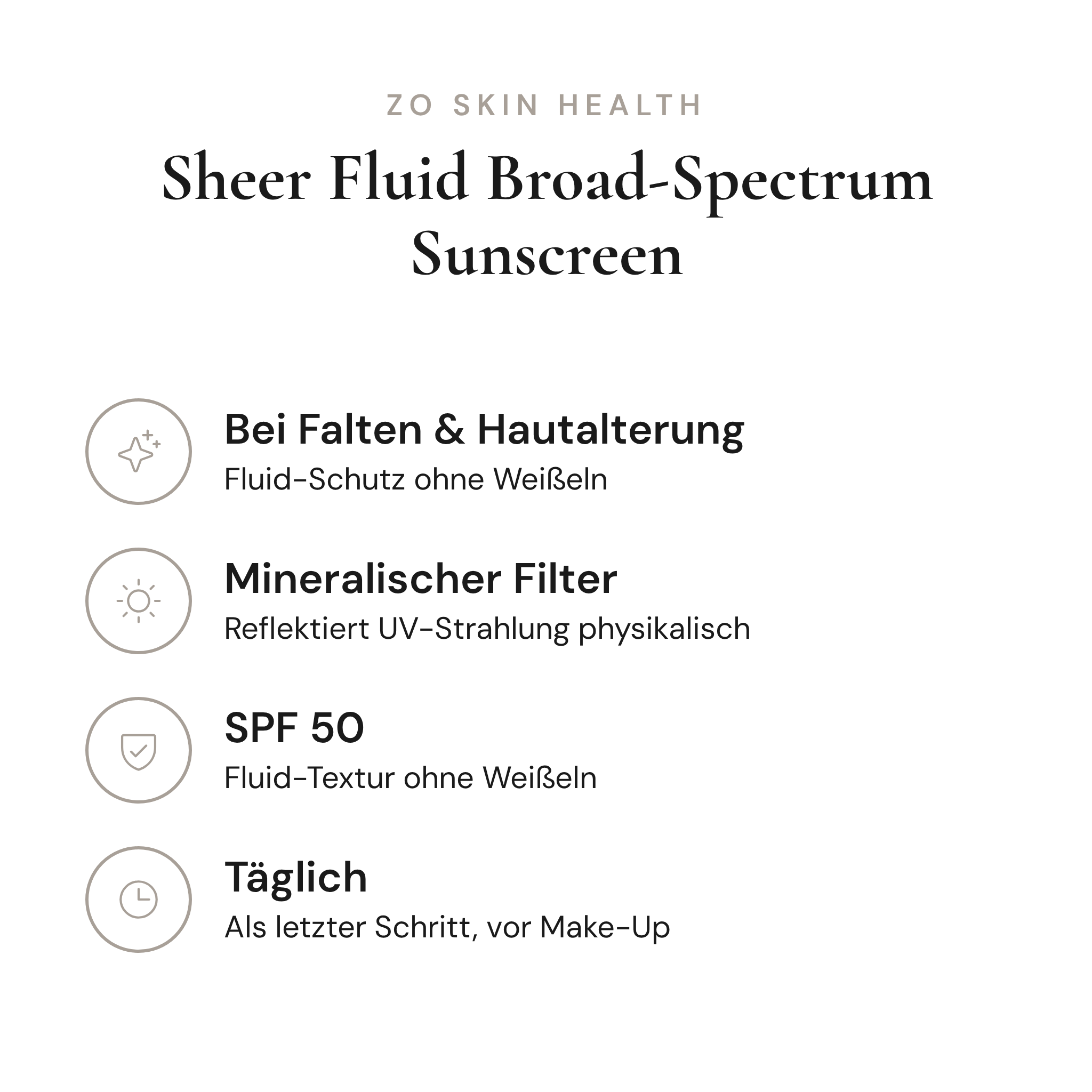 Sheer Fluid Broad-Spectrum Sunscreen SPF 50 - Infografik mit Wirkstoffen und Anwendung | ZO Skin Health