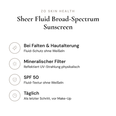 Sheer Fluid Broad-Spectrum Sunscreen SPF 50 - Infografik mit Wirkstoffen und Anwendung | ZO Skin Health