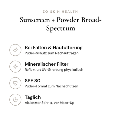 Sunscreen + Powder Broad-Spectrum SPF 30 - Infografik mit Wirkstoffen und Anwendung | ZO Skin Health
